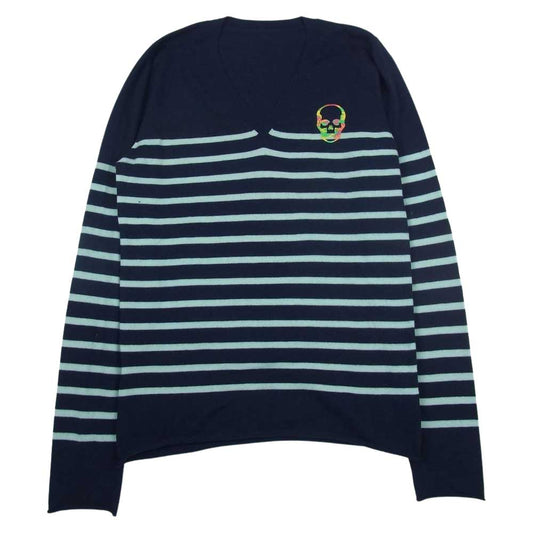 Lucien Pellat-Finet ルシアンペラフィネ カシミア スカル刺繍 Vネック ボーダー ニット カモフラ スカル  ネイビー系 M【中古】