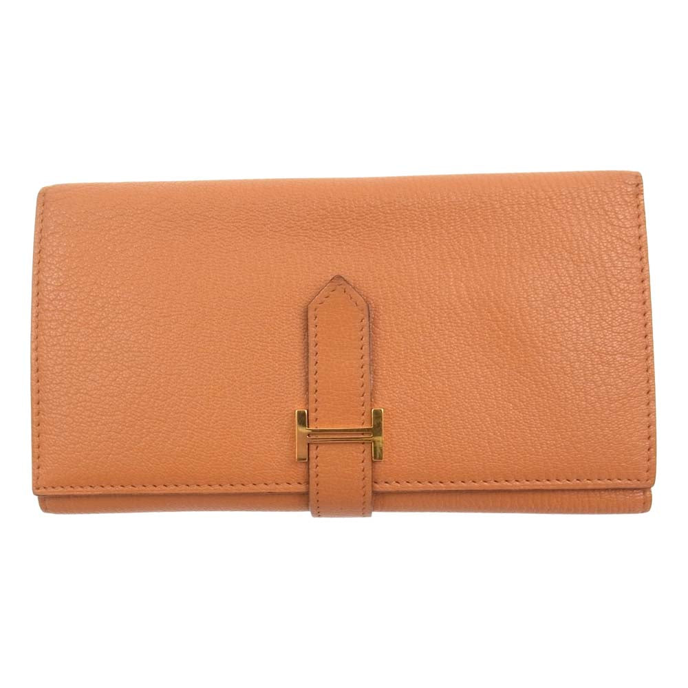 HERMES エルメス ベアン デュプリ ゴールド金具 □L刻印 08年製 レザー 三つ折り ウォレット 財布 オレンジ系【中古】