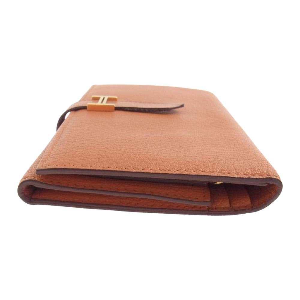 HERMES エルメス ベアン デュプリ ゴールド金具 □L刻印 08年製 レザー 三つ折り ウォレット 財布 オレンジ系【中古】