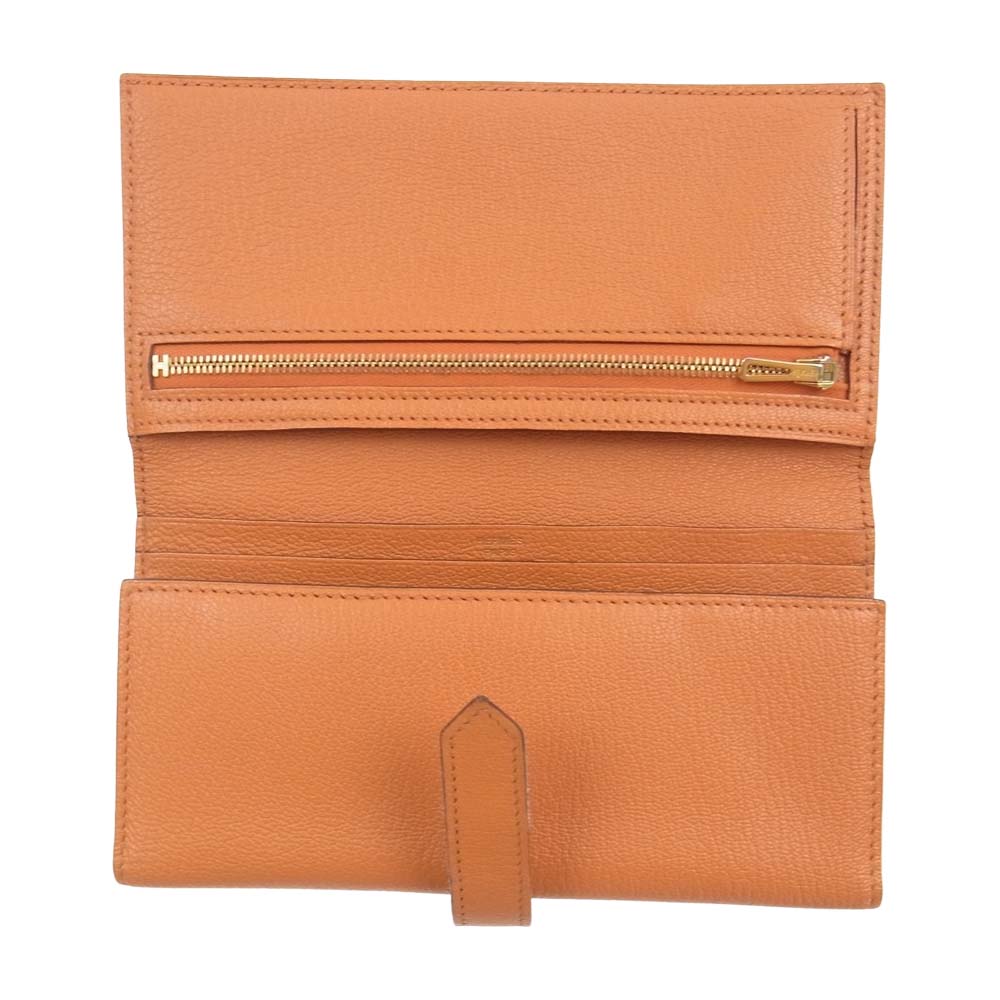 HERMES エルメス ベアン デュプリ ゴールド金具 □L刻印 08年製 レザー 三つ折り ウォレット 財布 オレンジ系【中古】