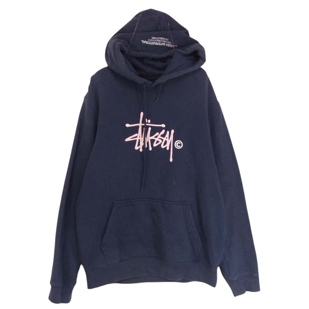 STUSSY ステューシー フロント ロゴ刺繍 プルオーバー パーカー フーディ ネイビー系 L【中古】