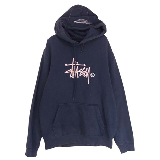 STUSSY ステューシー フロント ロゴ刺繍 プルオーバー パーカー フーディ ネイビー系 L【中古】