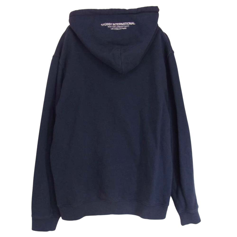 STUSSY ステューシー フロント ロゴ刺繍 プルオーバー パーカー フーディ ネイビー系 L【中古】