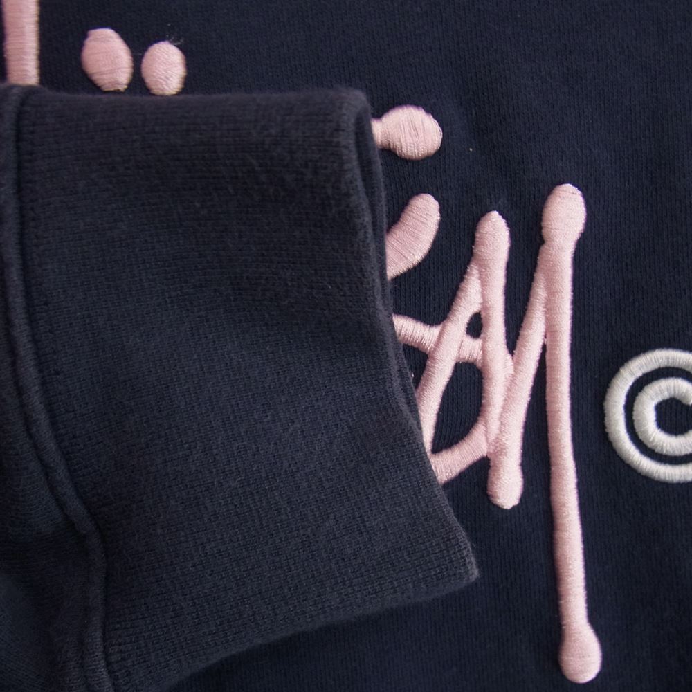 STUSSY ステューシー フロント ロゴ刺繍 プルオーバー パーカー フーディ ネイビー系 L【中古】