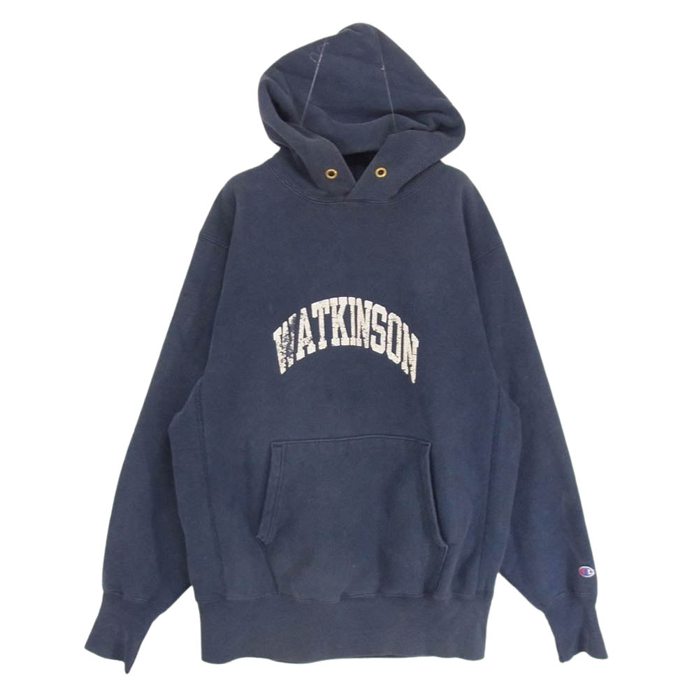 Champion チャンピオン ヴィンテージ 90s USA製 刺繍タグ リバースウィーブ プリント スウェット パーカー ネイビー系 L【中古】