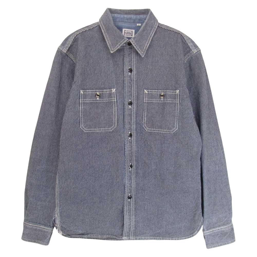 THE FLAT HEAD ザフラットヘッド ヒッコリー ストライプ チンストラップ シャツ ネイビー系 40【中古】