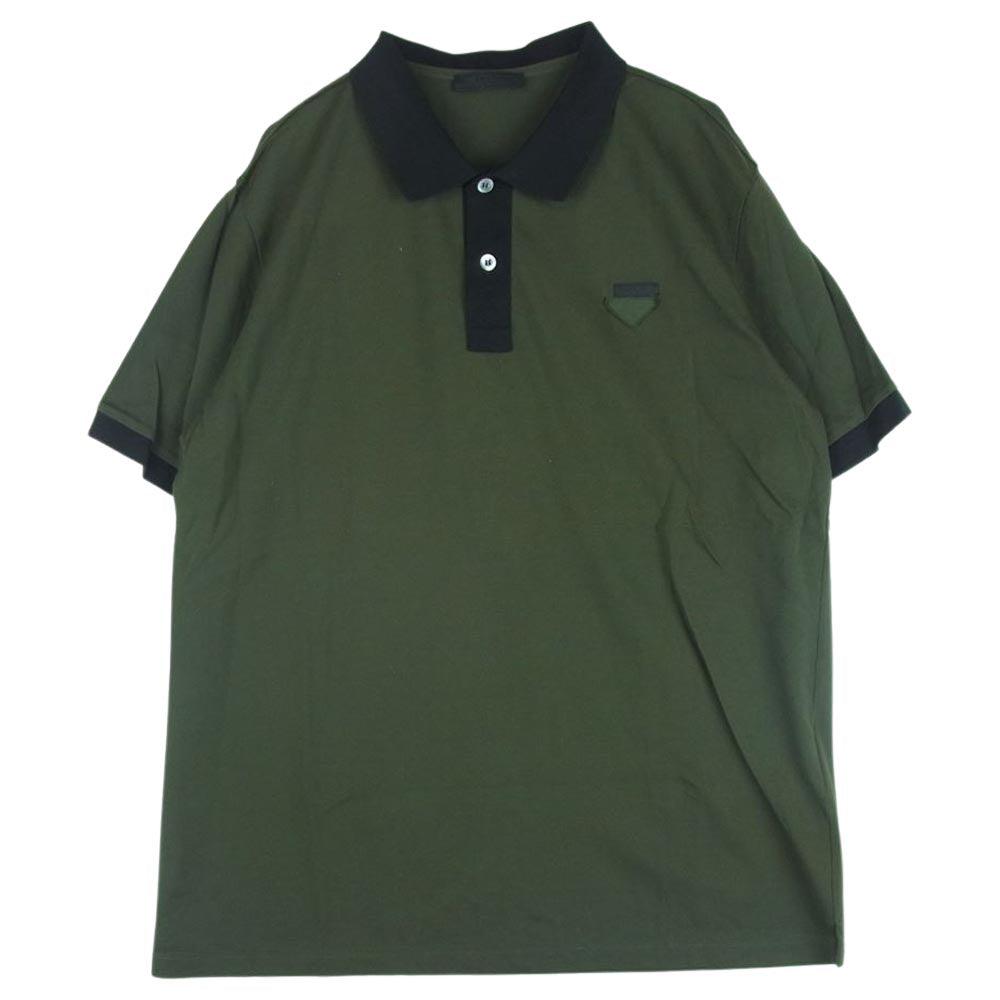 PRADA プラダ UJN444 ロゴ パッチ コットン バイカラー 半袖 ポロ シャツ グリーン系 ブラック系 XXL【美品】【中古】