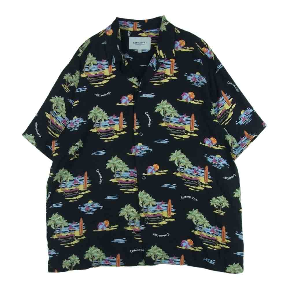 Carhartt カーハート BEACH SHIRT レーヨン アロハ 半袖 シャツ カンボジア製 ブラック系 L【中古】