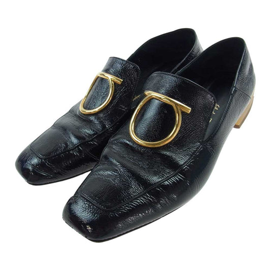Salvatore Ferragamo サルヴァトーレフェラガモ スクエアトゥ レザー パンプス  ブラック系 ゴールド系 8c【中古】