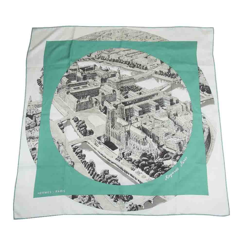 HERMES エルメス フランス製 シルクカレ 90  Regarde Paris パリを眺める スカーフ グリーン系【中古】