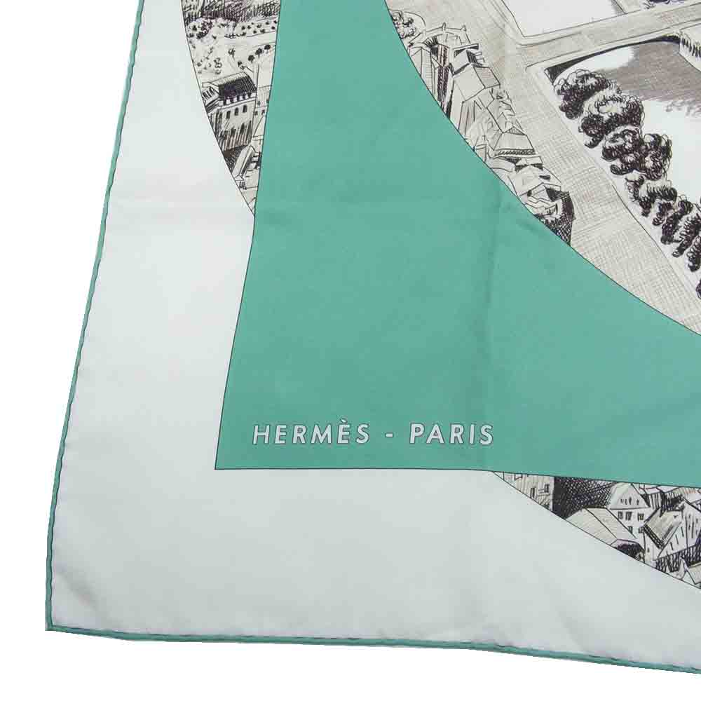 HERMES エルメス フランス製 シルクカレ 90  Regarde Paris パリを眺める スカーフ グリーン系【中古】