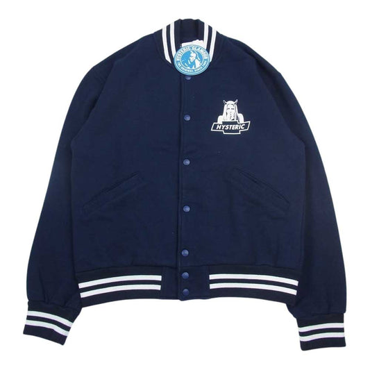 HYSTERIC GLAMOUR ヒステリックグラマー 02231CJ01 DEVIL MADE ME DO IT ジャンパー プリント スウェット スタジアム ジャケット スタジャン ネイビー系 L【極上美品】【中古】