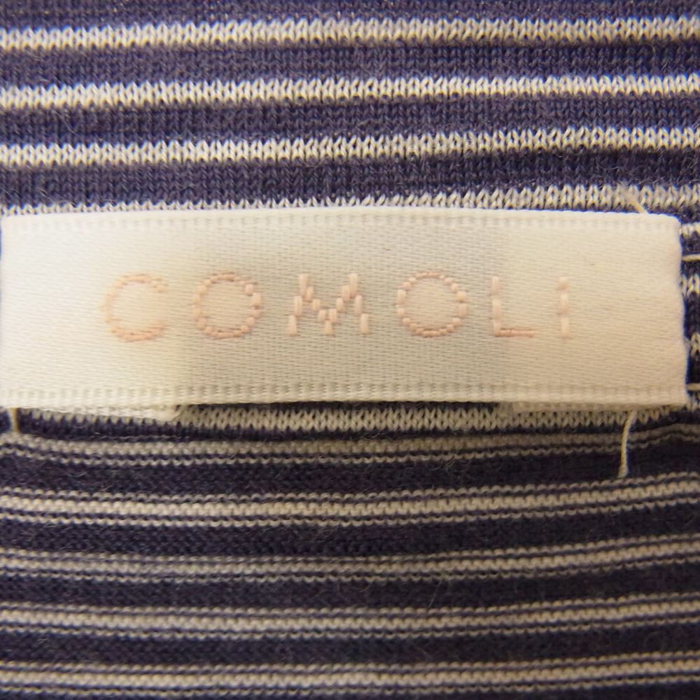 COMOLI コモリ 21SS T01-05006  ウール天竺 クルーネック ボーダー 半袖 カットソー ネイビー系 3【美品】【中古】