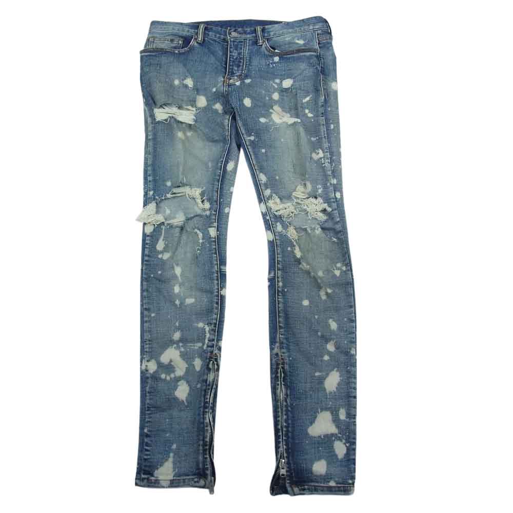 ミニマル ダメージ ペイント加工 裾ジップ ストレート デニム パンツ インディゴブルー系 32【中古】