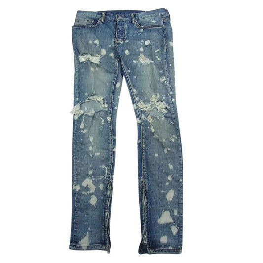 ミニマル ダメージ ペイント加工 裾ジップ ストレート デニム パンツ インディゴブルー系 32【中古】