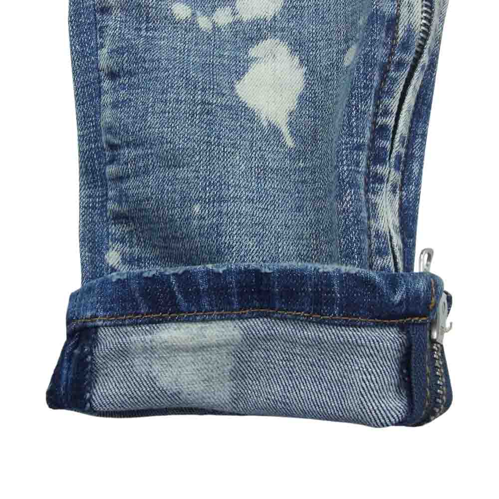 ミニマル ダメージ ペイント加工 裾ジップ ストレート デニム パンツ インディゴブルー系 32【中古】
