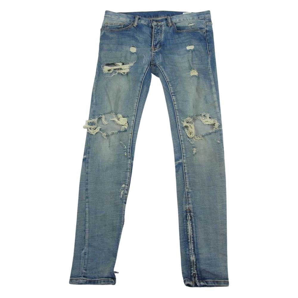 ミニマル ダメージ加工 裾ジップ ストレート デニム パンツ インディゴブルー系 32【中古】