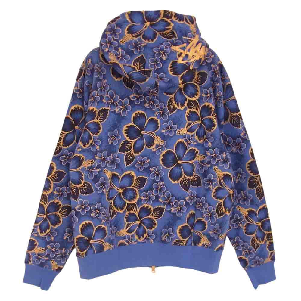 STUSSY ステューシー ハイビスカス柄 ジップアップ スウェット パーカー ブルー ブルー系 ゴールド系 S【中古】