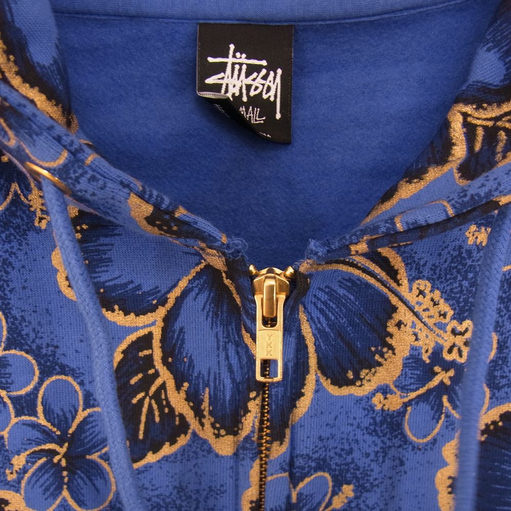 STUSSY ステューシー ハイビスカス柄 ジップアップ スウェット パーカー ブルー ブルー系 ゴールド系 S【中古】
