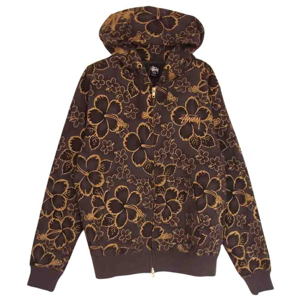 STUSSY ステューシー ハイビスカス柄 ジップアップ スウェット パーカー グレー チャコール系 S【中古】
