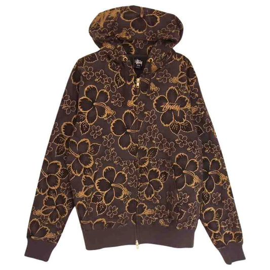 STUSSY ステューシー ハイビスカス柄 ジップアップ スウェット パーカー グレー チャコール系 S【中古】