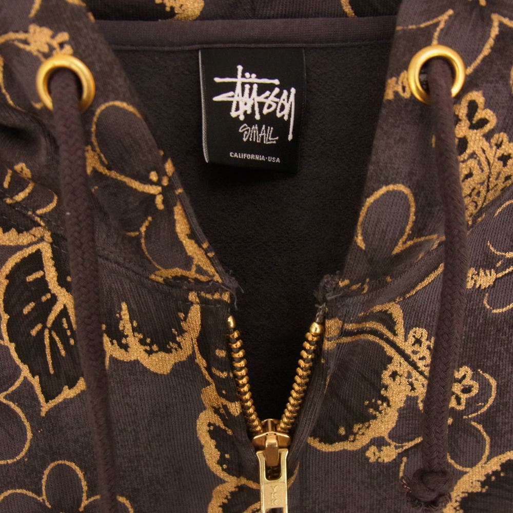 STUSSY ステューシー ハイビスカス柄 ジップアップ スウェット パーカー グレー チャコール系 S【中古】
