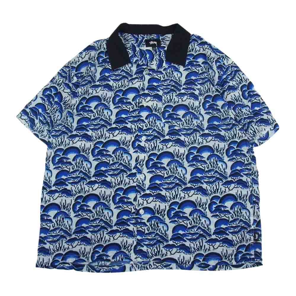 STUSSY ステューシー CORAL PATTERN SHIRT オープンカラー レーヨン 半袖 シャツ ブルー  ブルー系 L【中古】