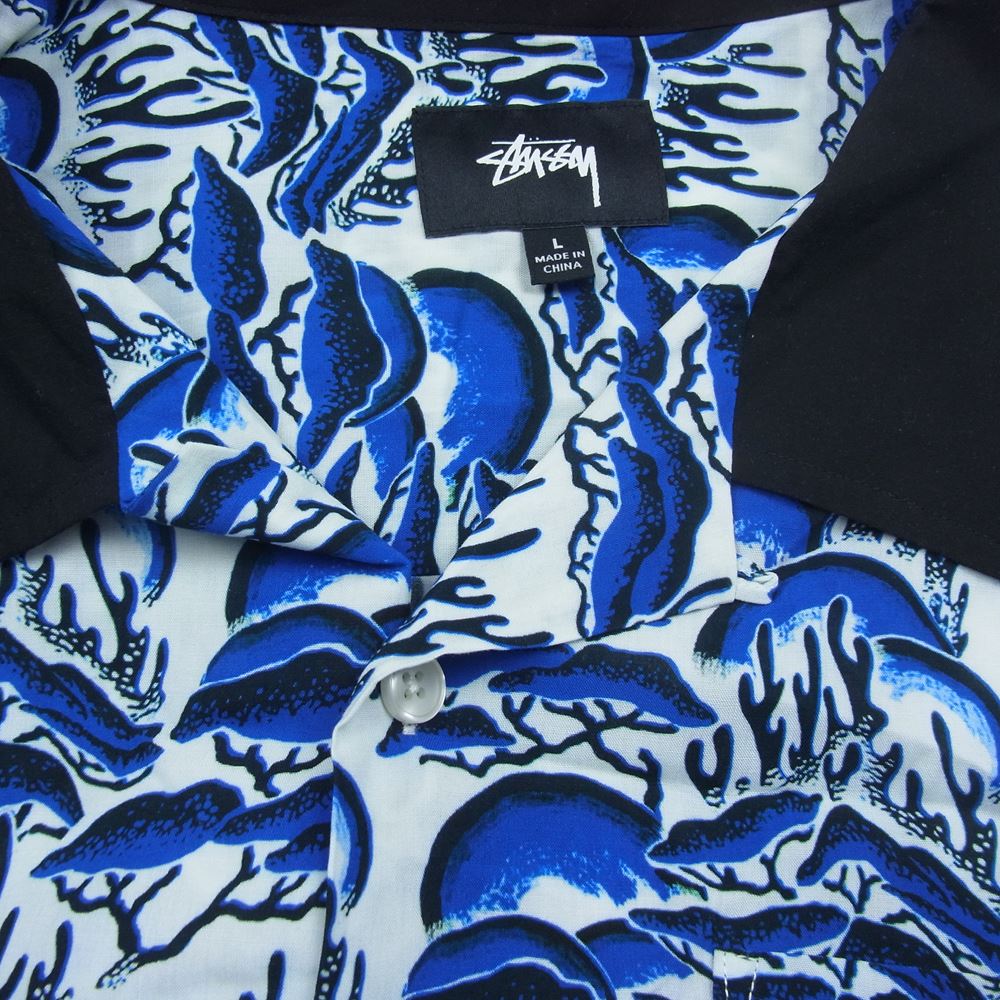 STUSSY ステューシー CORAL PATTERN SHIRT オープンカラー レーヨン 半袖 シャツ ブルー  ブルー系 L【中古】