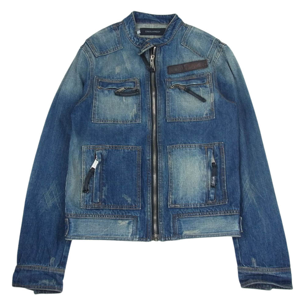 DSQUARED2 ディースクエアード COALMINER レザーパッチ フルジップ シングル デニム ライダース ジャケット インディゴブルー系 50【中古】