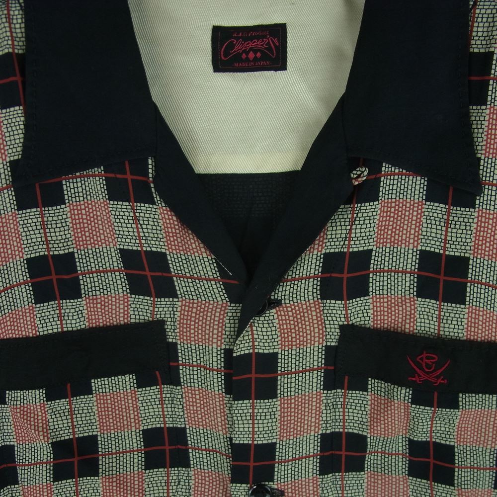 R.J.B アールジェイビー clippers クリッパーズ レーヨン オープンカラー 長袖 シャツ 日本製 ブラック系 レッド系 38【中古】