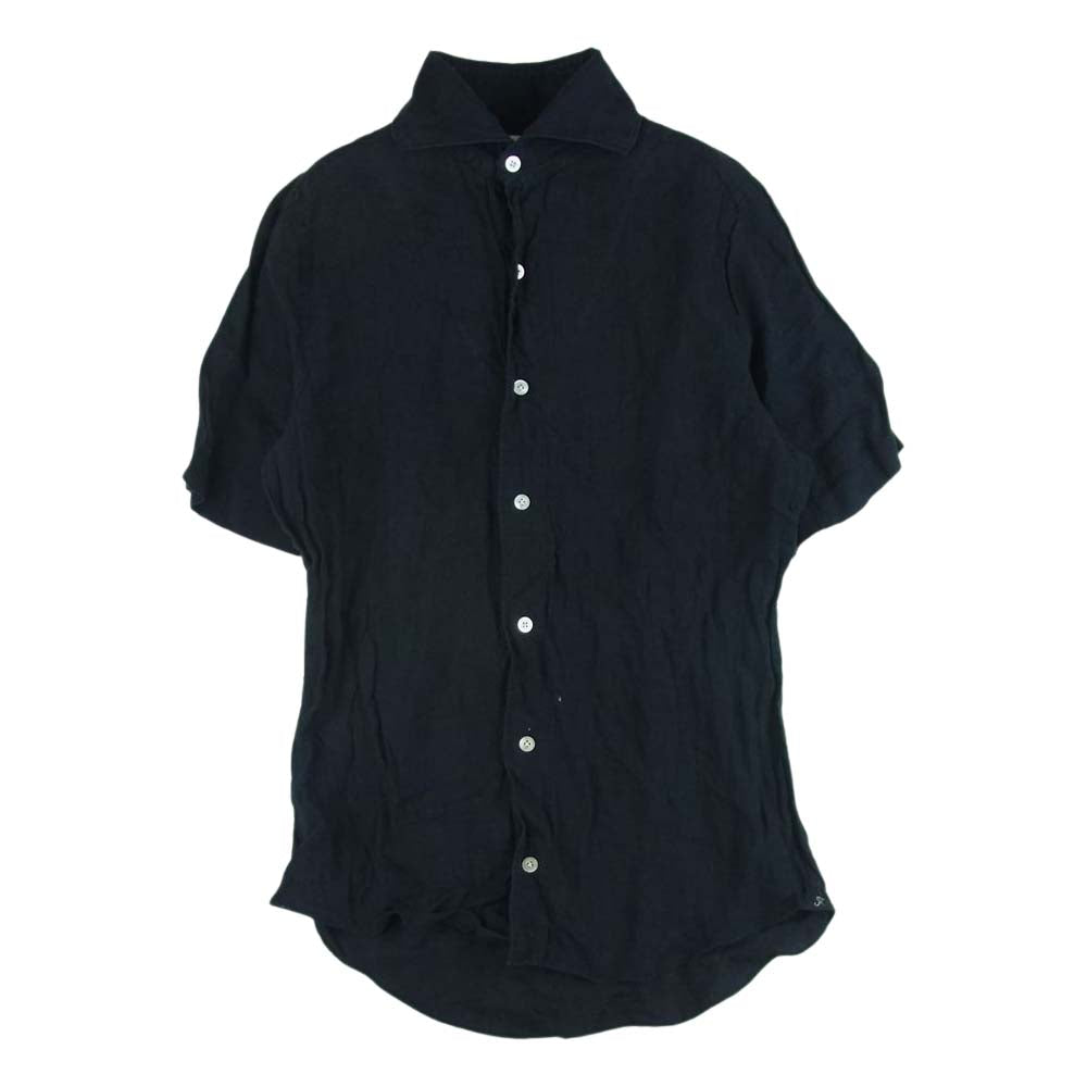 FINAMORE フィナモレ コットンリネン 麻 半袖 オープンカラー シャツ イタリア製 黒に近いダークネイビー系 14.5【中古】
