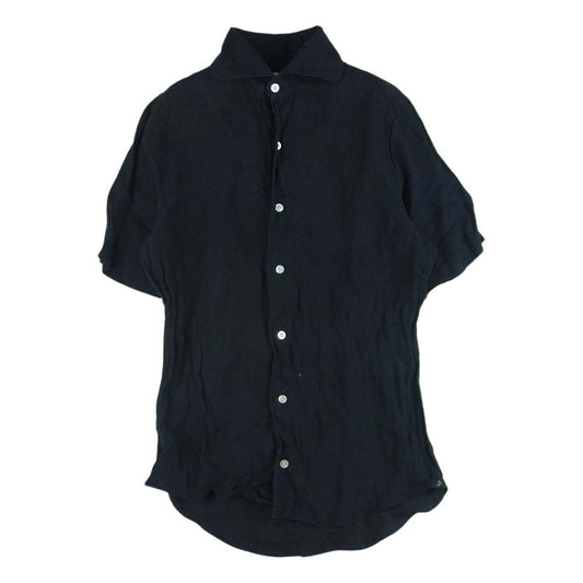 FINAMORE フィナモレ コットンリネン 麻 半袖 オープンカラー シャツ イタリア製 黒に近いダークネイビー系 14.5【中古】