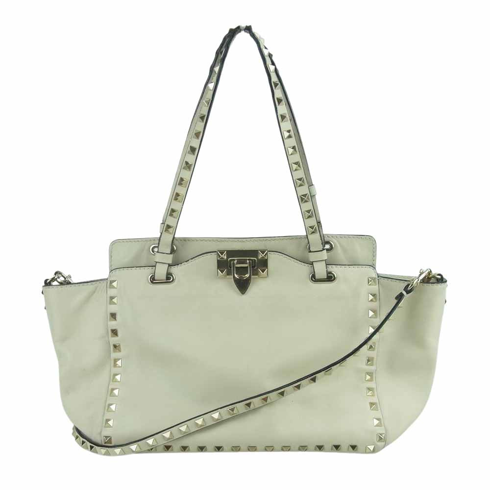VALENTINO ヴァレンティノ ロックスタッズ レザー 2WAY ハンド ショルダー バッグ イタリア製 ベージュ系【中古】