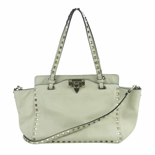 VALENTINO ヴァレンティノ ロックスタッズ レザー 2WAY ハンド ショルダー バッグ イタリア製 ベージュ系【中古】