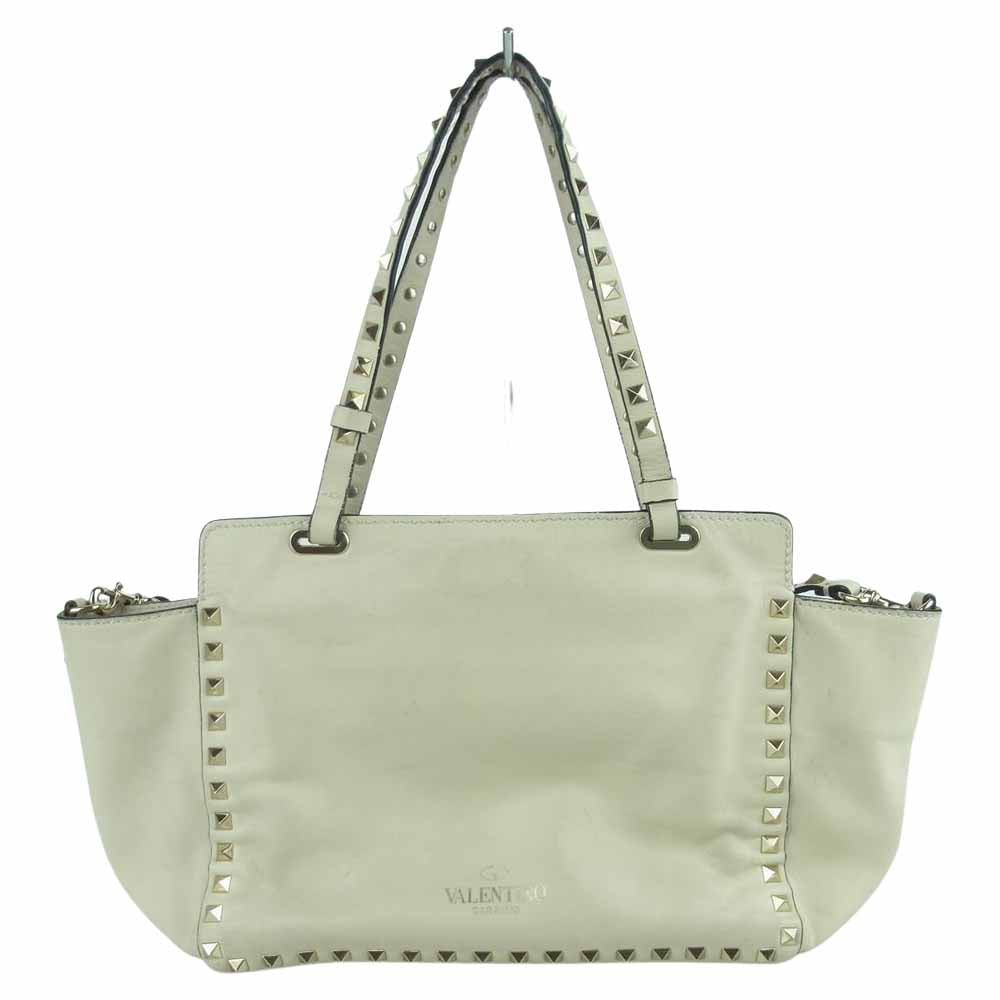 VALENTINO ヴァレンティノ ロックスタッズ レザー 2WAY ハンド ショルダー バッグ イタリア製 ベージュ系【中古】
