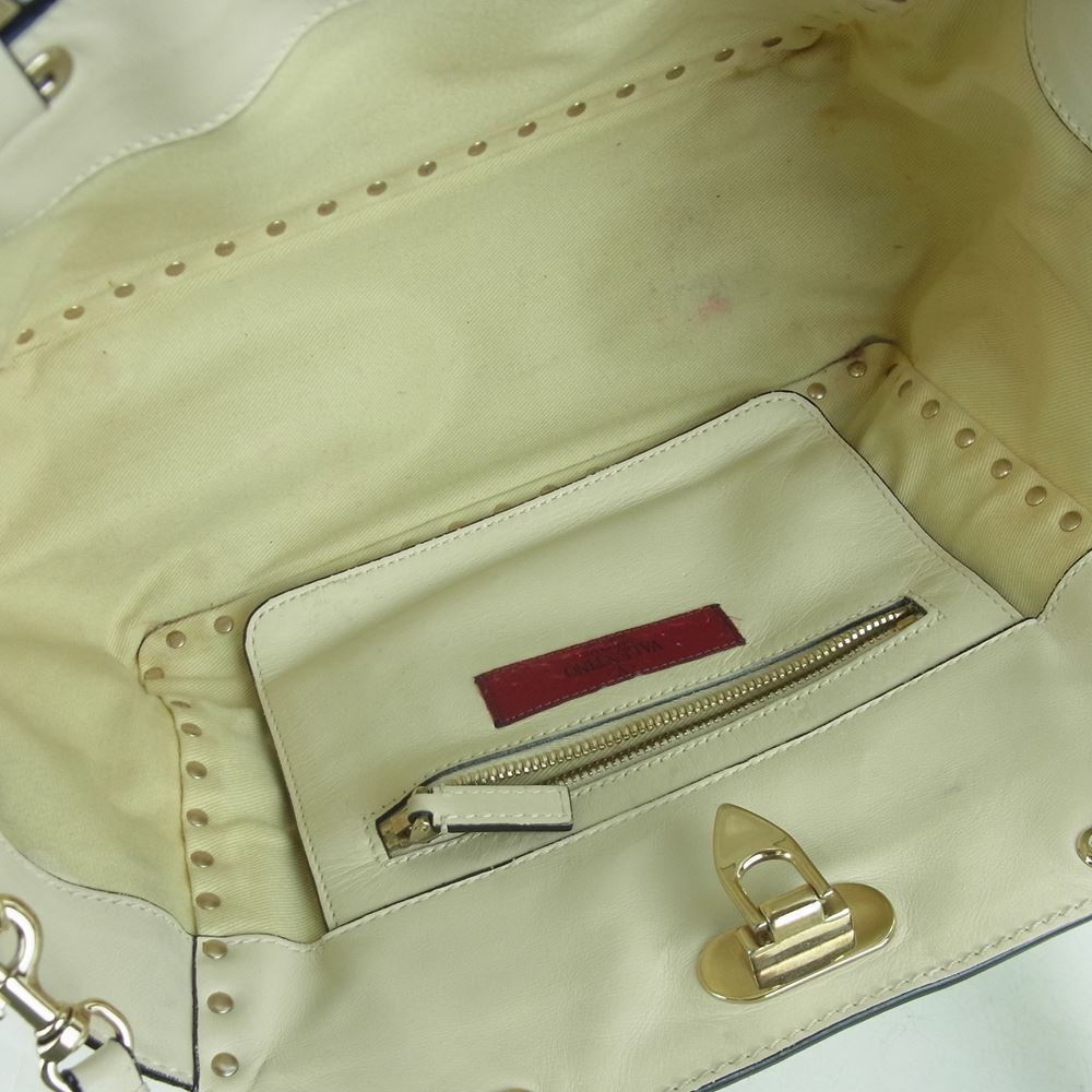 VALENTINO ヴァレンティノ ロックスタッズ レザー 2WAY ハンド ショルダー バッグ イタリア製 ベージュ系【中古】