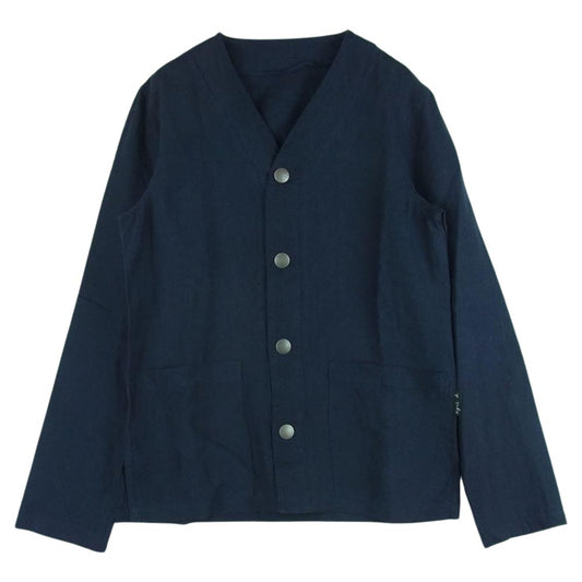 agnes b. アニエスベー 22SS リネン 麻 ノーカラー ジャケット ルーマニア製 ダークネイビー系 44【中古】