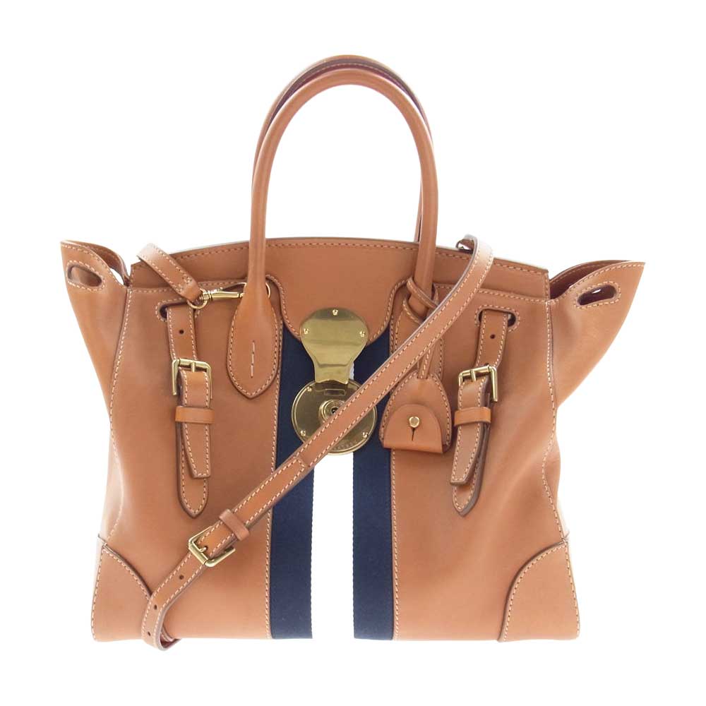 RALPH LAUREN ラルフローレン 454433 リッキー 2WAY ストライプ レザー ショルダー トートバッグ ブラウン系【美品】【中古】
