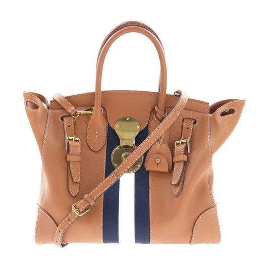 RALPH LAUREN ラルフローレン 454433 リッキー 2WAY ストライプ レザー ショルダー トートバッグ ブラウン系【美品】【中古】