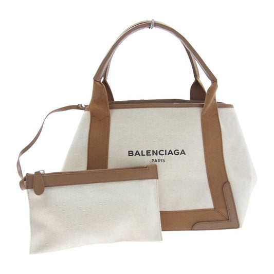 BALENCIAGA バレンシアガ 339933 ネイビーカバ S ロゴプリント ハンドバッグ トートバッグ ベージュ系【中古】