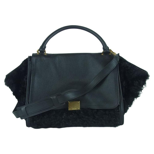 CELINE セリーヌ トラペーズ レザー ボア ハンド バッグ イタリア製 ブラック系【中古】