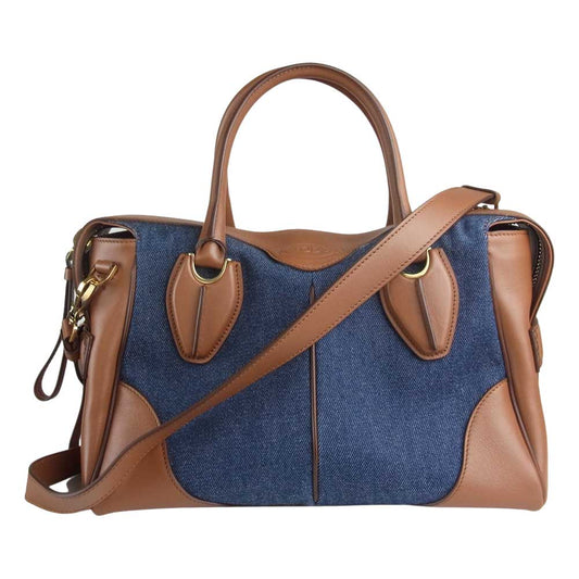 TOD’S トッズ XBWANYL0200 レザー デニム 2WAY ハンドバッグ ショルダーバッグ ブラウン系 インディゴブルー系【美品】【中古】