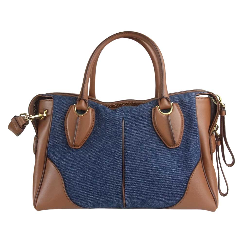 TOD’S トッズ XBWANYL0200 レザー デニム 2WAY ハンドバッグ ショルダーバッグ ブラウン系 インディゴブルー系【美品】【中古】