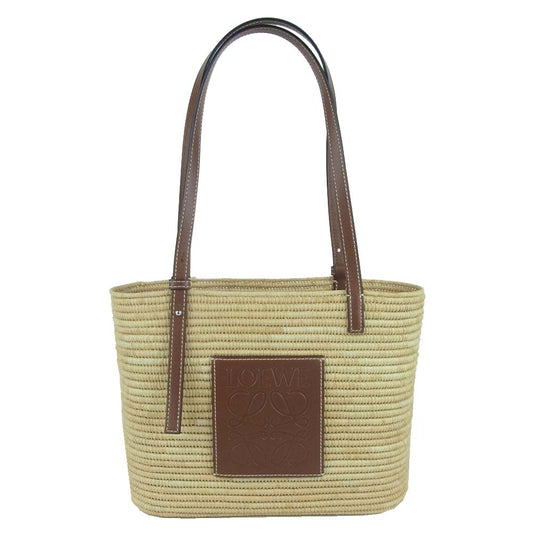 LOEWE ロエベ スモール ラフィア スクエア ロゴレザーパッチ かご バスケット トート ハンド バッグ ベージュ系 ブラウン系【中古】