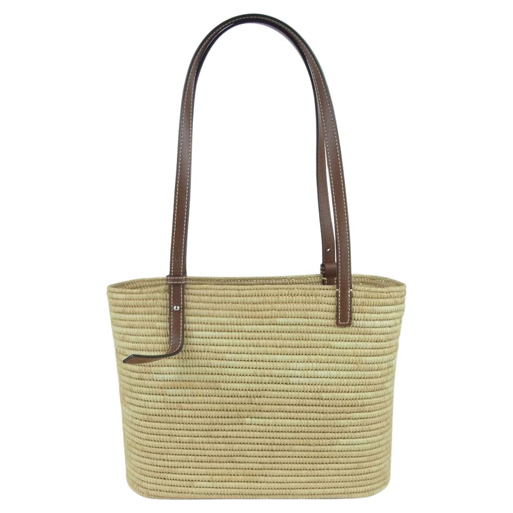 LOEWE ロエベ スモール ラフィア スクエア ロゴレザーパッチ かご バスケット トート ハンド バッグ ベージュ系 ブラウン系【中古】