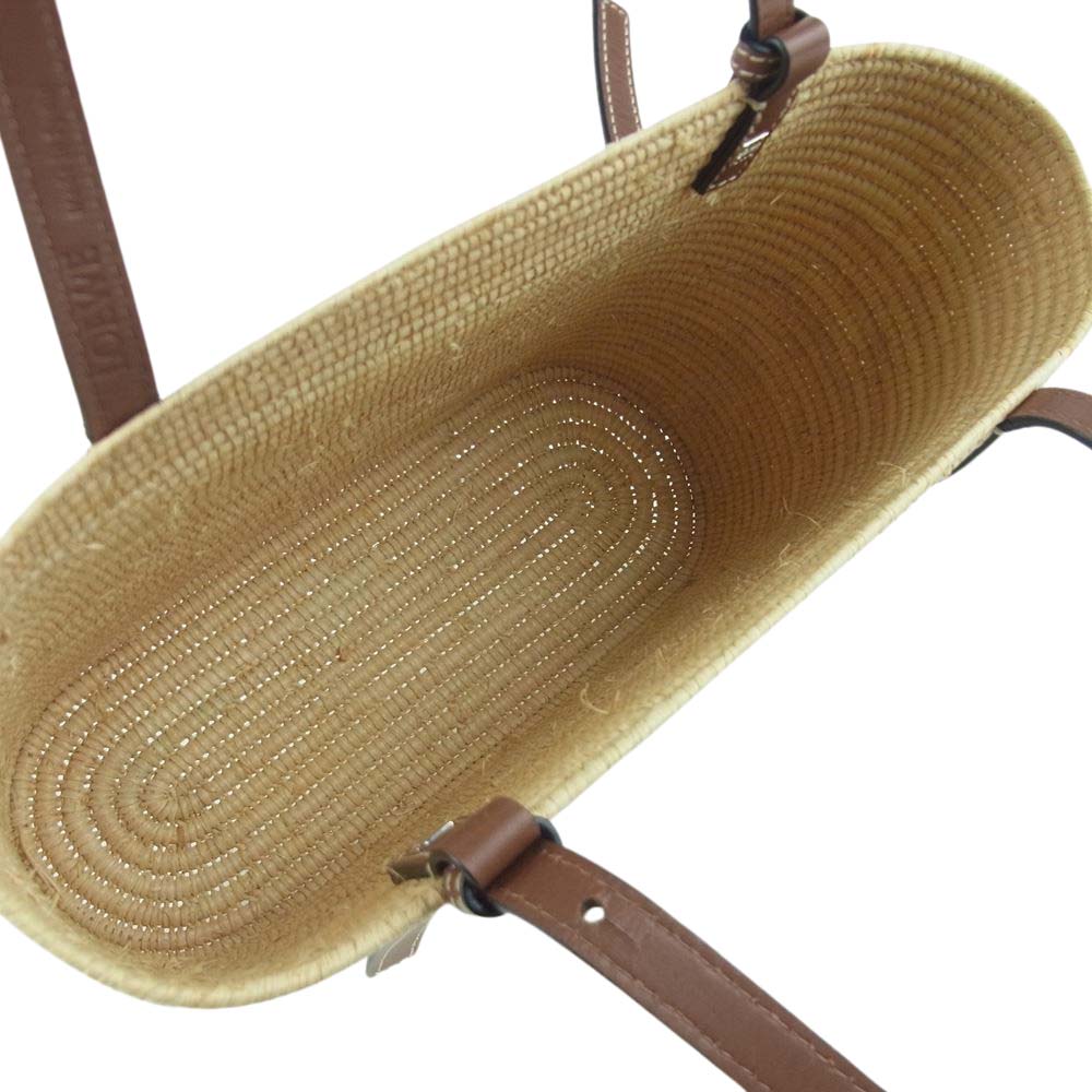 LOEWE ロエベ スモール ラフィア スクエア ロゴレザーパッチ かご バスケット トート ハンド バッグ ベージュ系 ブラウン系【中古】