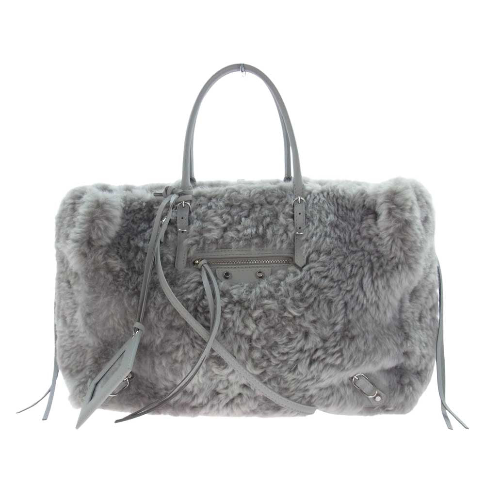 BALENCIAGA バレンシアガ 432596 PAPER ムートン ファー 2WAY ペーパー B4 レザー トート ショルダーバッグ グレー グレー系【美品】【中古】