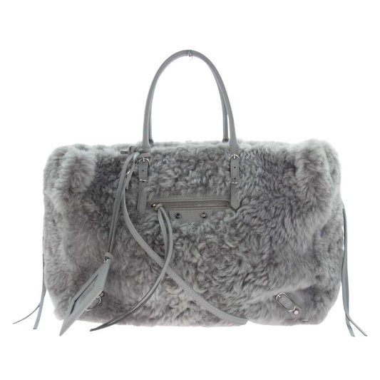 BALENCIAGA バレンシアガ 432596 PAPER ムートン ファー 2WAY ペーパー B4 レザー トート ショルダーバッグ グレー グレー系【美品】【中古】