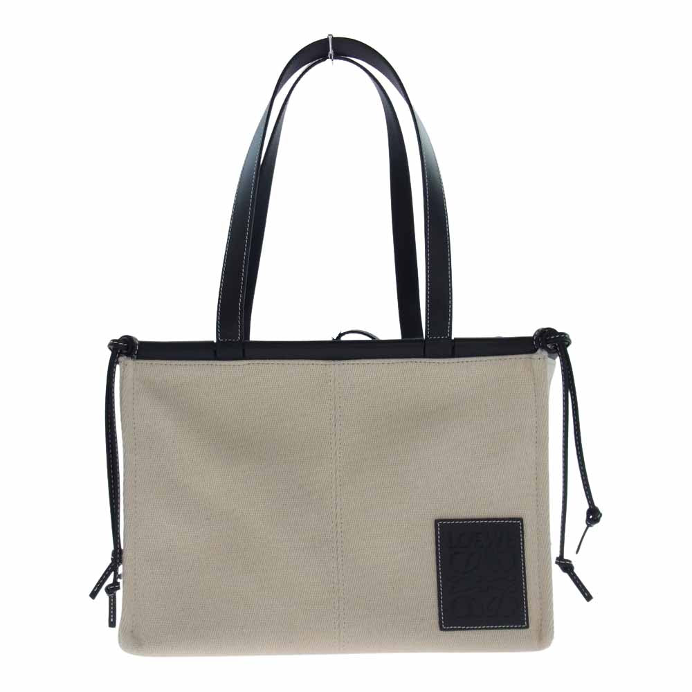 LOEWE ロエベ クッショントート スモール ロゴレザーパッチ キャンバス トートバッグ ホワイト オフホワイト系【美品】【中古】