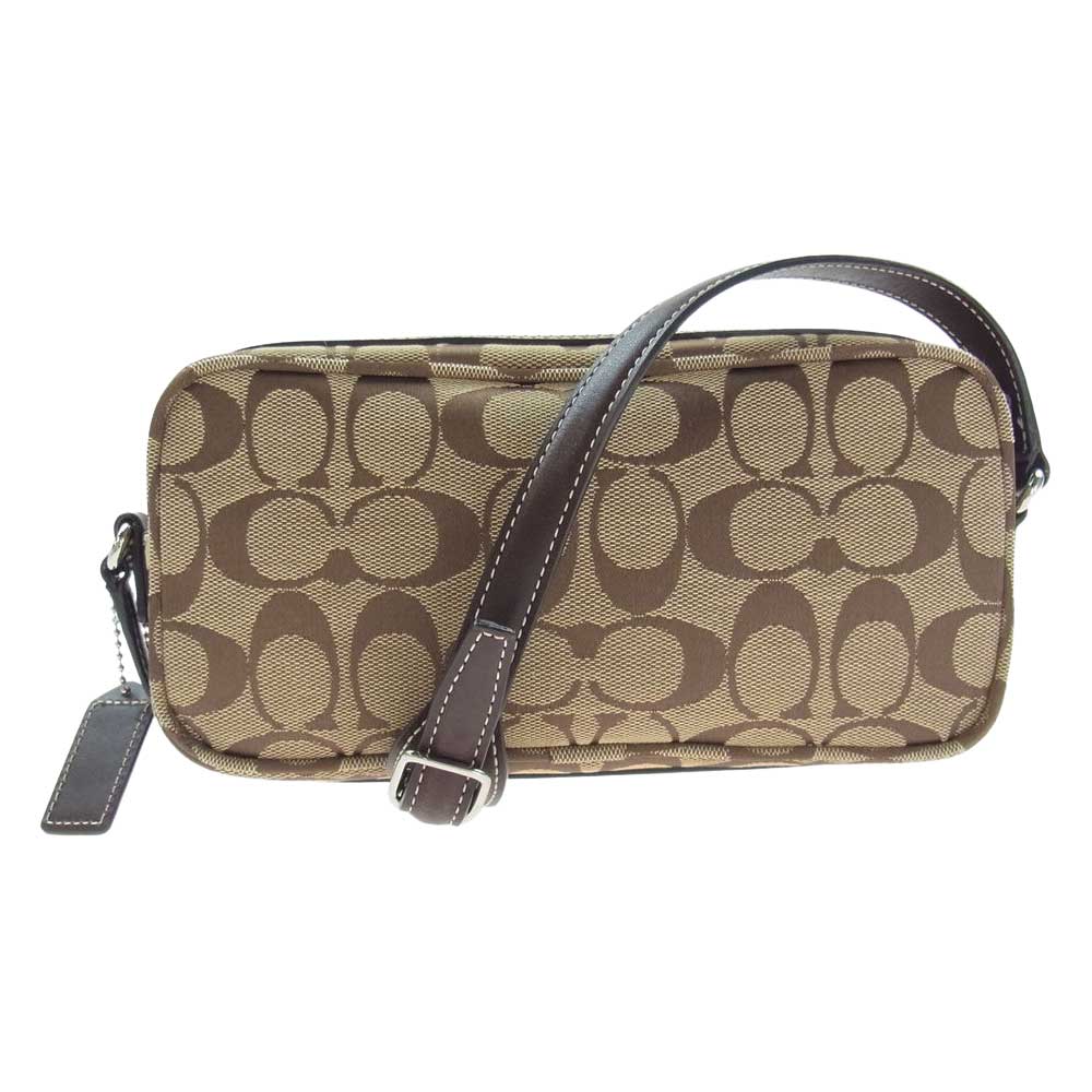 COACH コーチ シグネチャー レザーストラップ キャンバス ショルダーバッグ ライトブラウン系【中古】